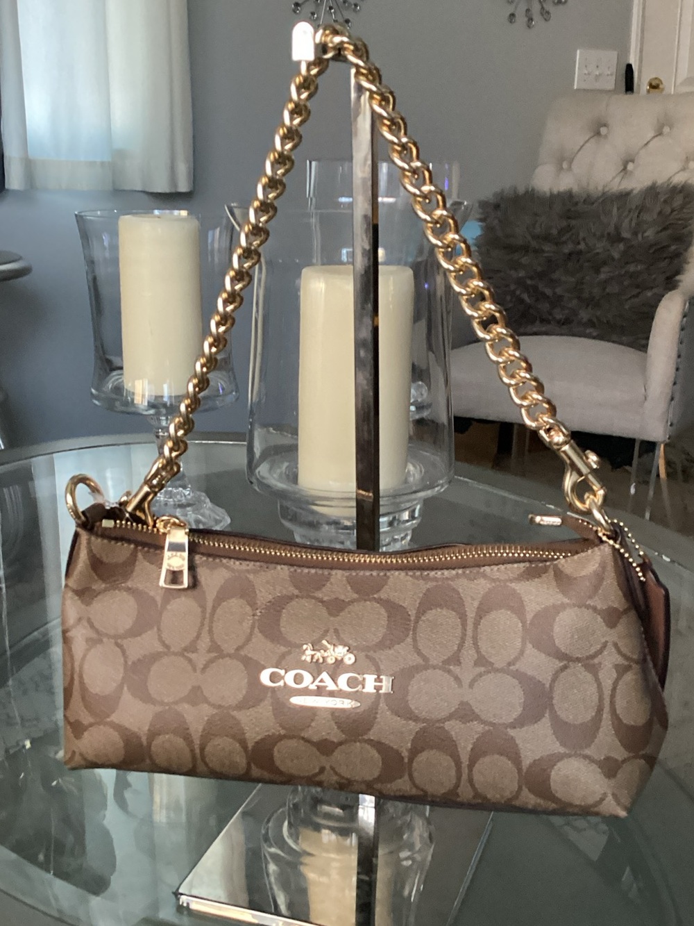 Coach Brown Signature Logo Chain-Handle Shoulder Bag with Gold Hardware